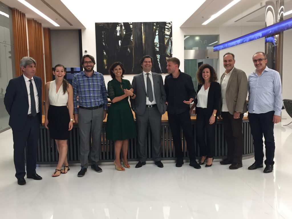 BLF management, Snohetta and Nabil Gholam Architects (NGA) reunite in Beirut in June 2017. 9 persons standing inside the Banque Libano-Française premisses, happy, smiling, Walid Raphael, Raya Raphael Nahas, Daniel Berlin