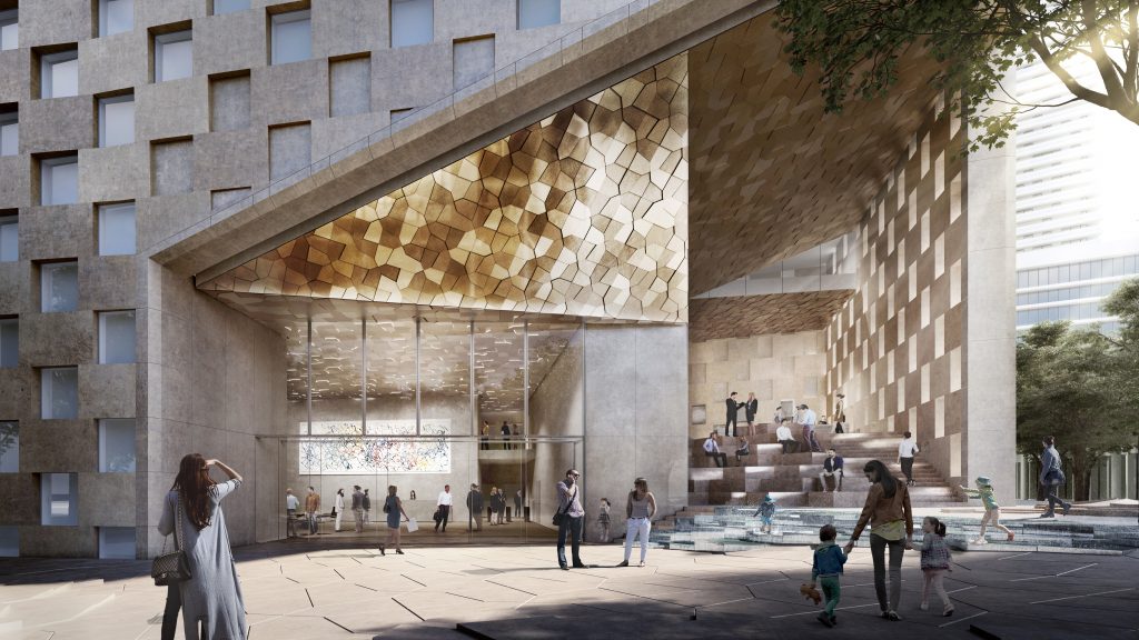 An inside look at the Magic Box, the blf banque libano-française headquarters as envisioned by Snohetta. Women looking up at the building, children holding hands with their mom at the entrance, children playing, business people sitting at the stairs, gold checkered walls, glass entrance to the buidling, sunshine, guy talking on the cellphone while carrying his laptop